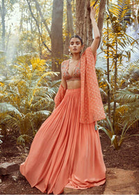 Fusion Coral Skirt In Crepe With Hand Embroidered Raw Silk Choli With Plunging Neckline