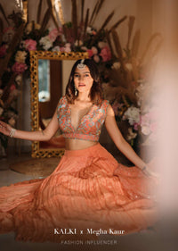 Fusion Coral Skirt In Crepe With Hand Embroidered Raw Silk Choli With Plunging Neckline