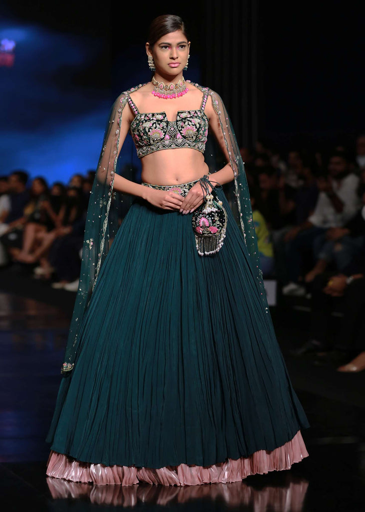 Emerald Green Lehenga With Hand Embroidered Choli Using Multi Colored Floral Motifs