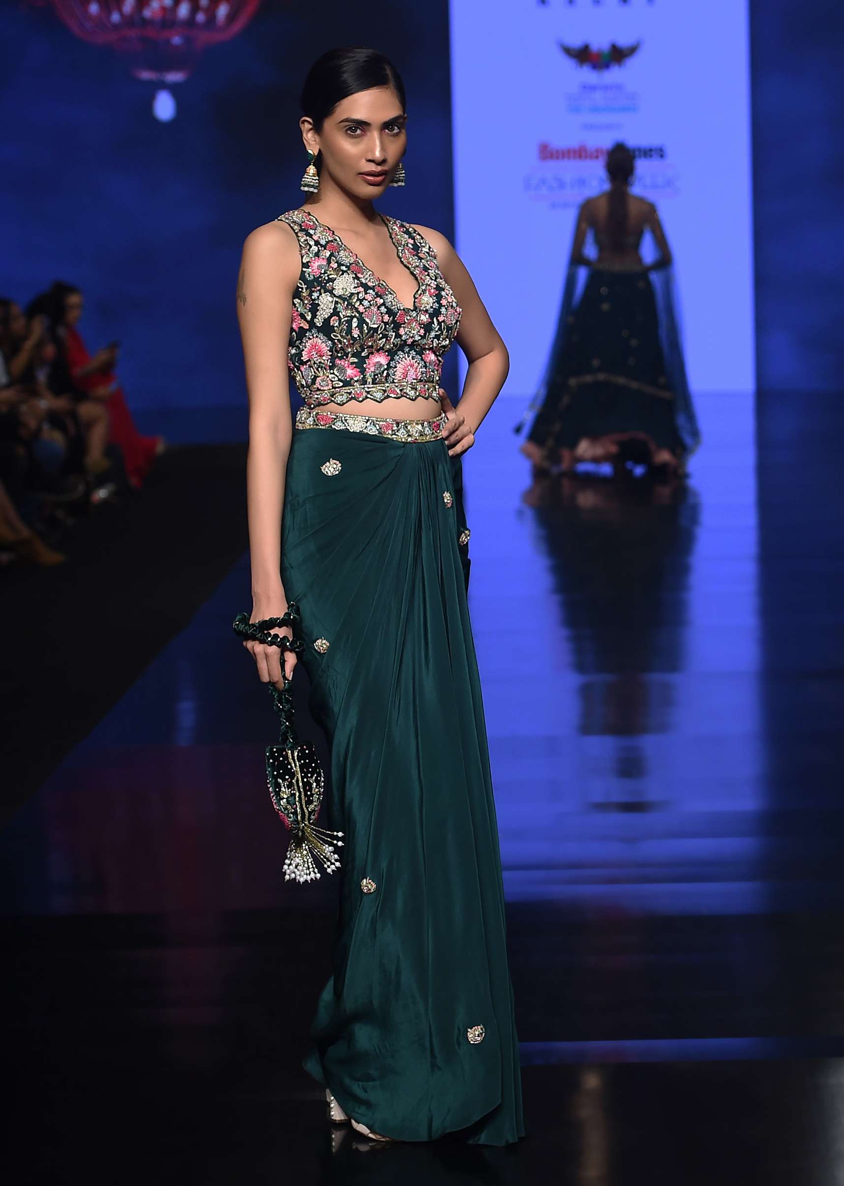 Bottle Green Dhoti Skirt And Choli With Multi Colored Hand Embroidery In Floral Motifs