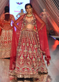 Red Lehenga And A Crop Top In Royal Heritage Embroidery, Bustier Comes In Sleeveless With Back Hooks Closure