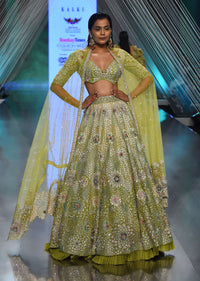 Citrus Green Organza Lehenga with a Crop Top With Resham Embroidery