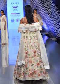 Cream Lehenga With A Crop Top In Moti Embroidery, Crafted In Organza With 3D Flower Motifs Embroidery