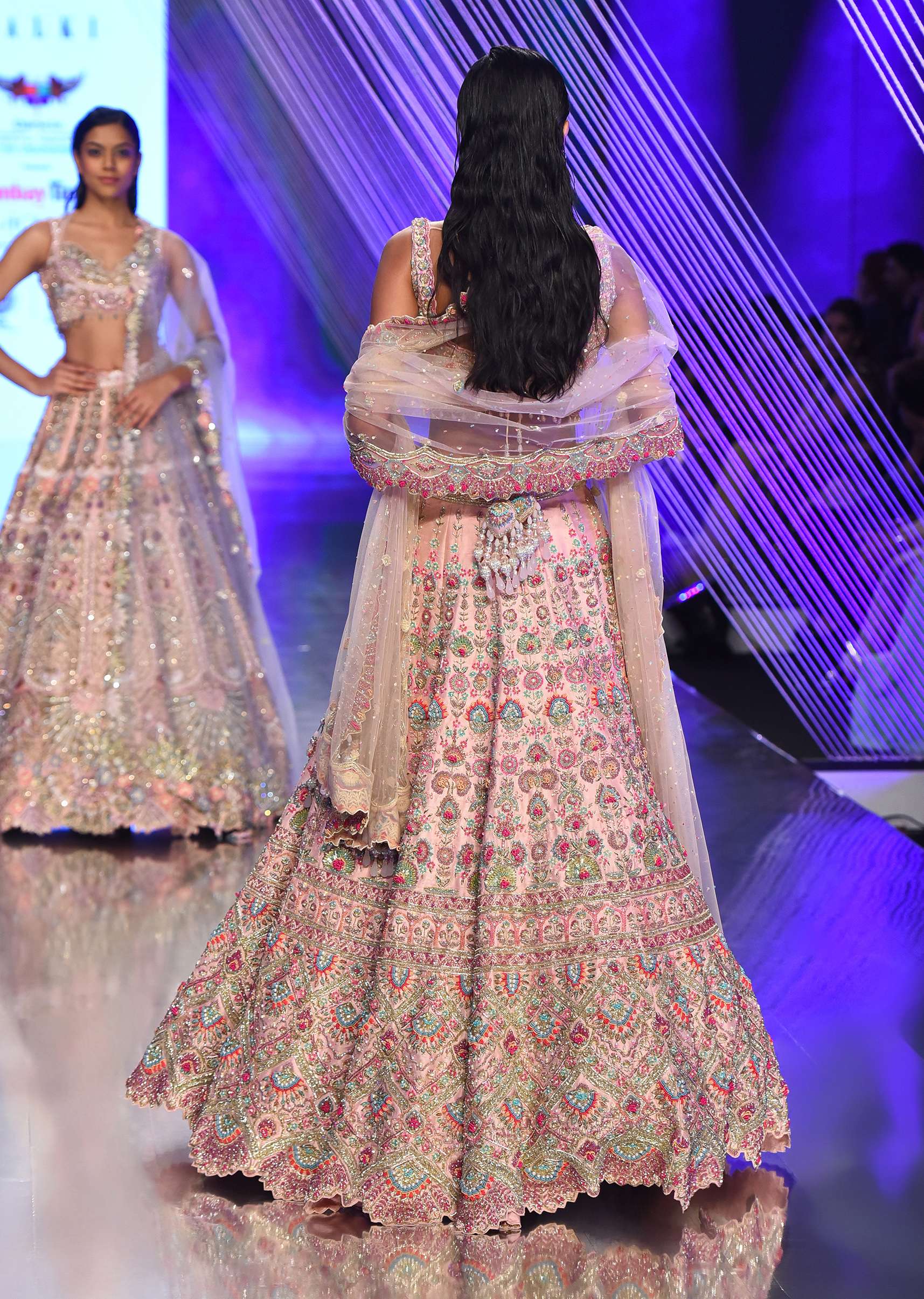 Pastel Pink Lehenga With A Crop Top In Multi-Colored Resham Embroidery, Crop Top Comes In Sleeveless With Scalloped Neckline