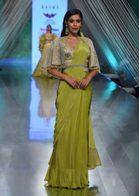 Citrus Green Ready Pleated Saree with Net Cape and V-Neck Crop Top with Hemline Cut Out