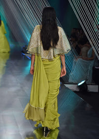 Citrus Green Ready Pleated Saree with Net Cape and V-Neck Crop Top with Hemline Cut Out