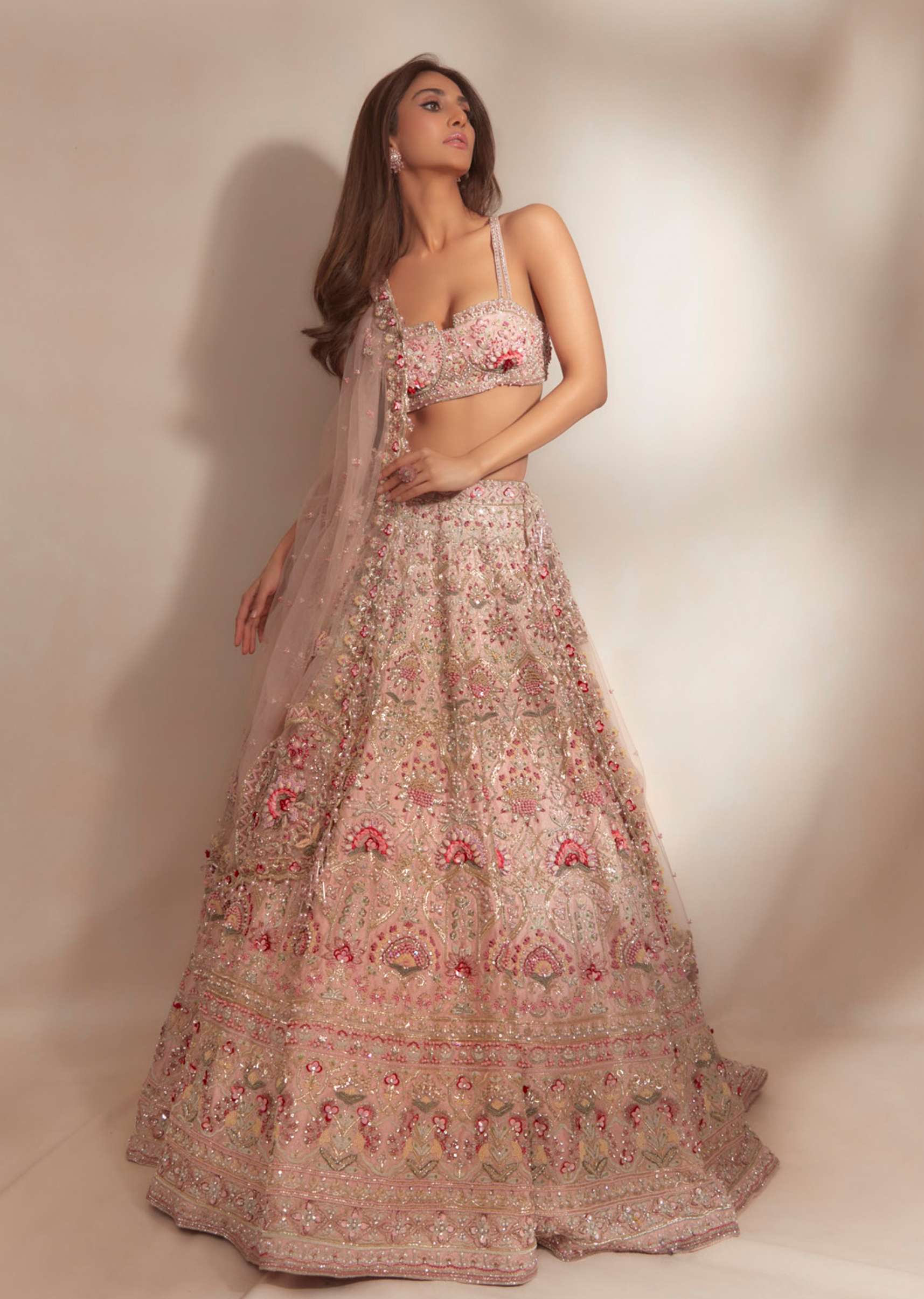 Charm Pink Rumi Lehenga Set In 3D Flower Motifs And Abla Embroidery, Crop Top Comes With The Similar Embroidery