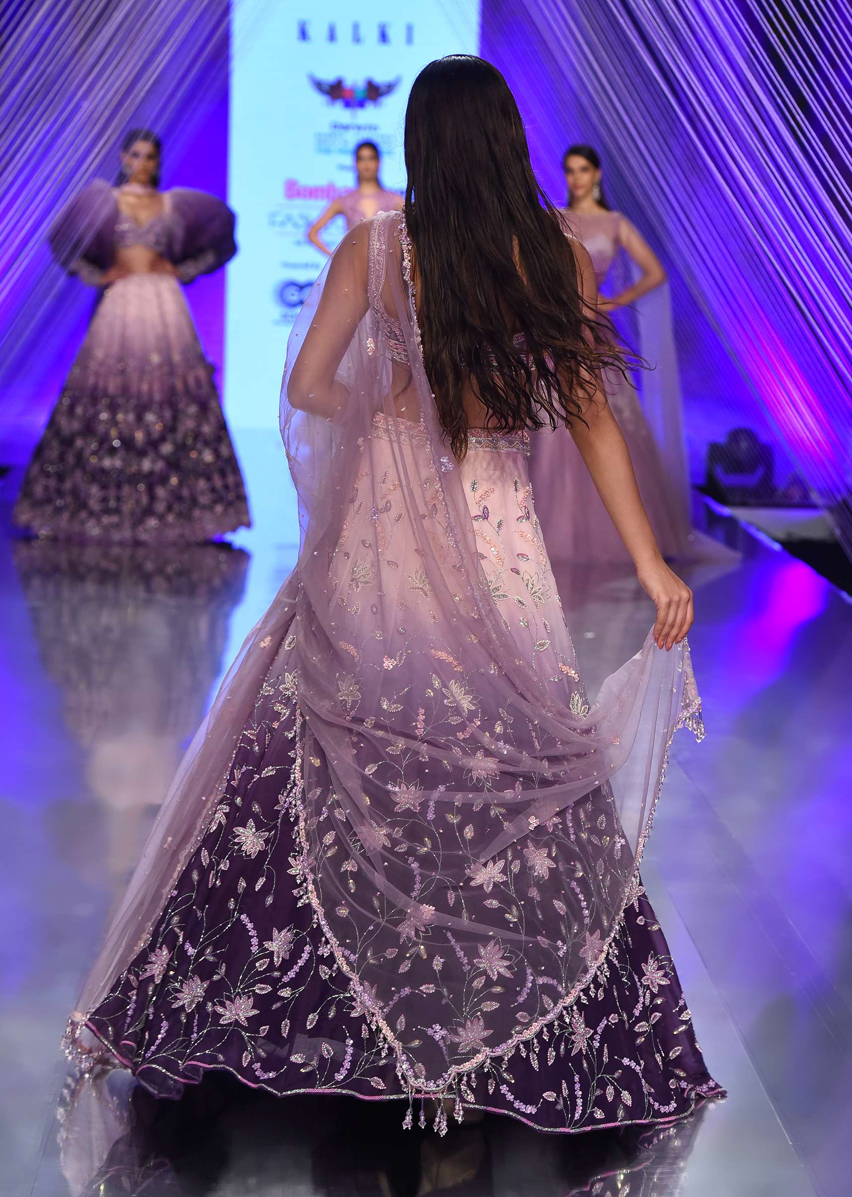 Lavender Ombre Lehenga With The Crop Top In Surface Embroidery