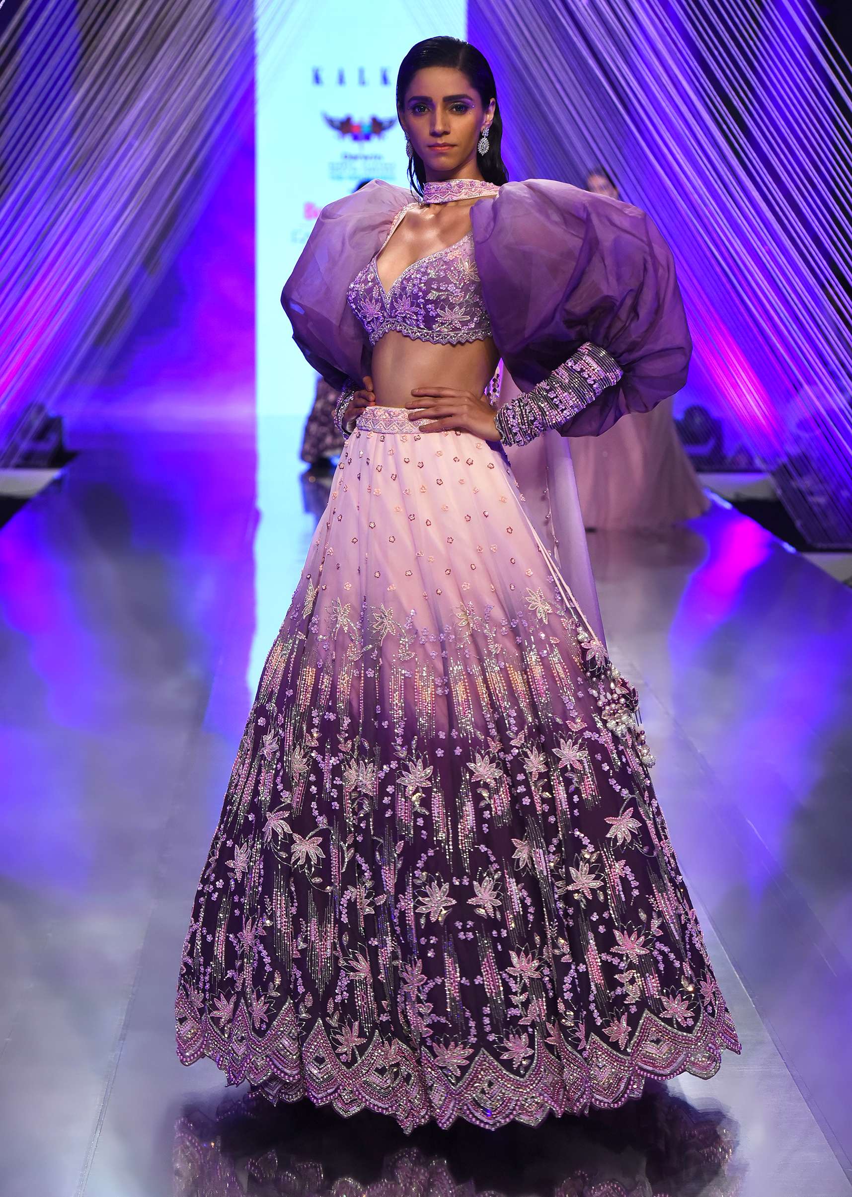 Lavender Ombre Gown And Crop Top With Bishop Sleeves