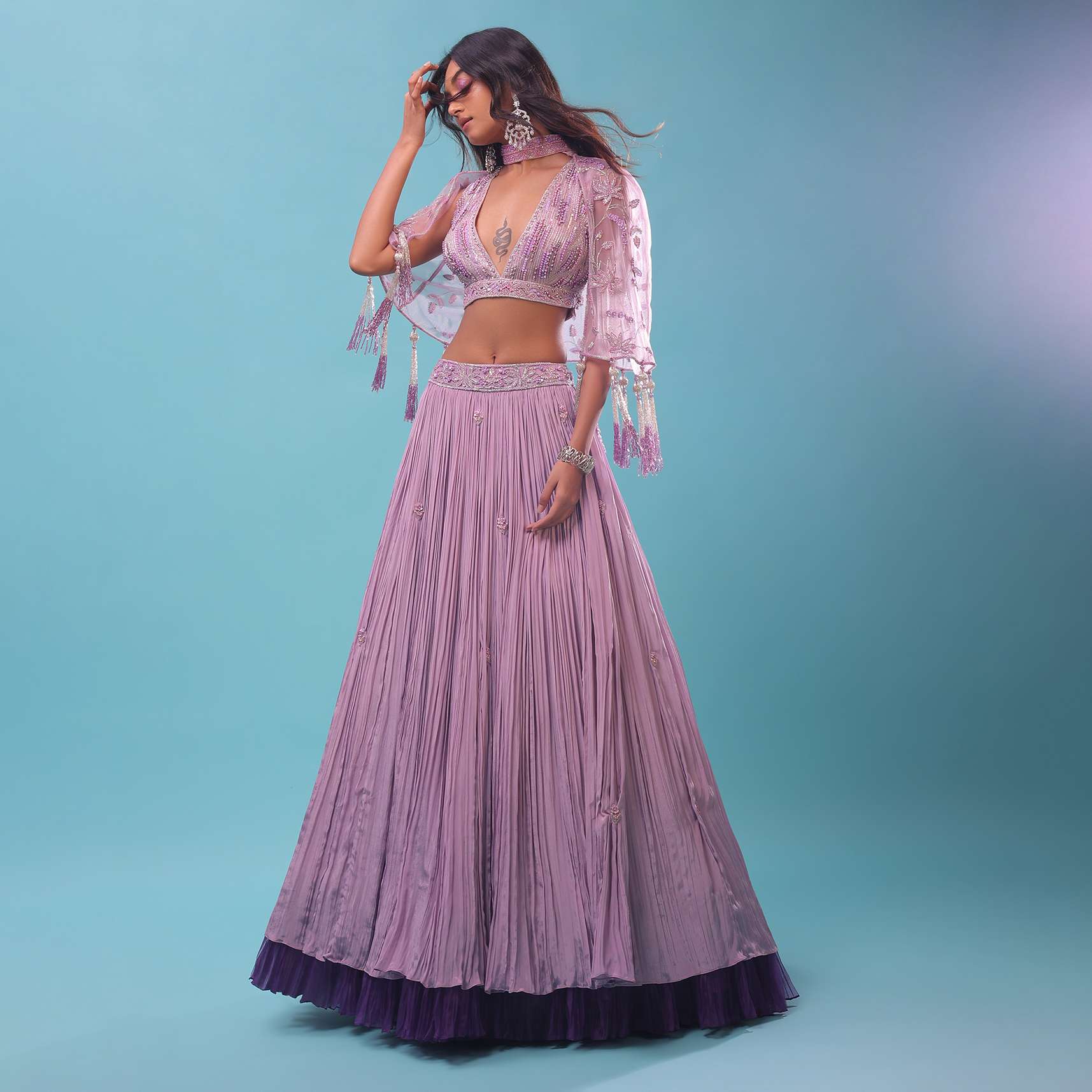 Ombre Lehenga And Crop Top In Moti Cut An Dana Embroidery, Cape Jacket In Tassels Fringes At The Border