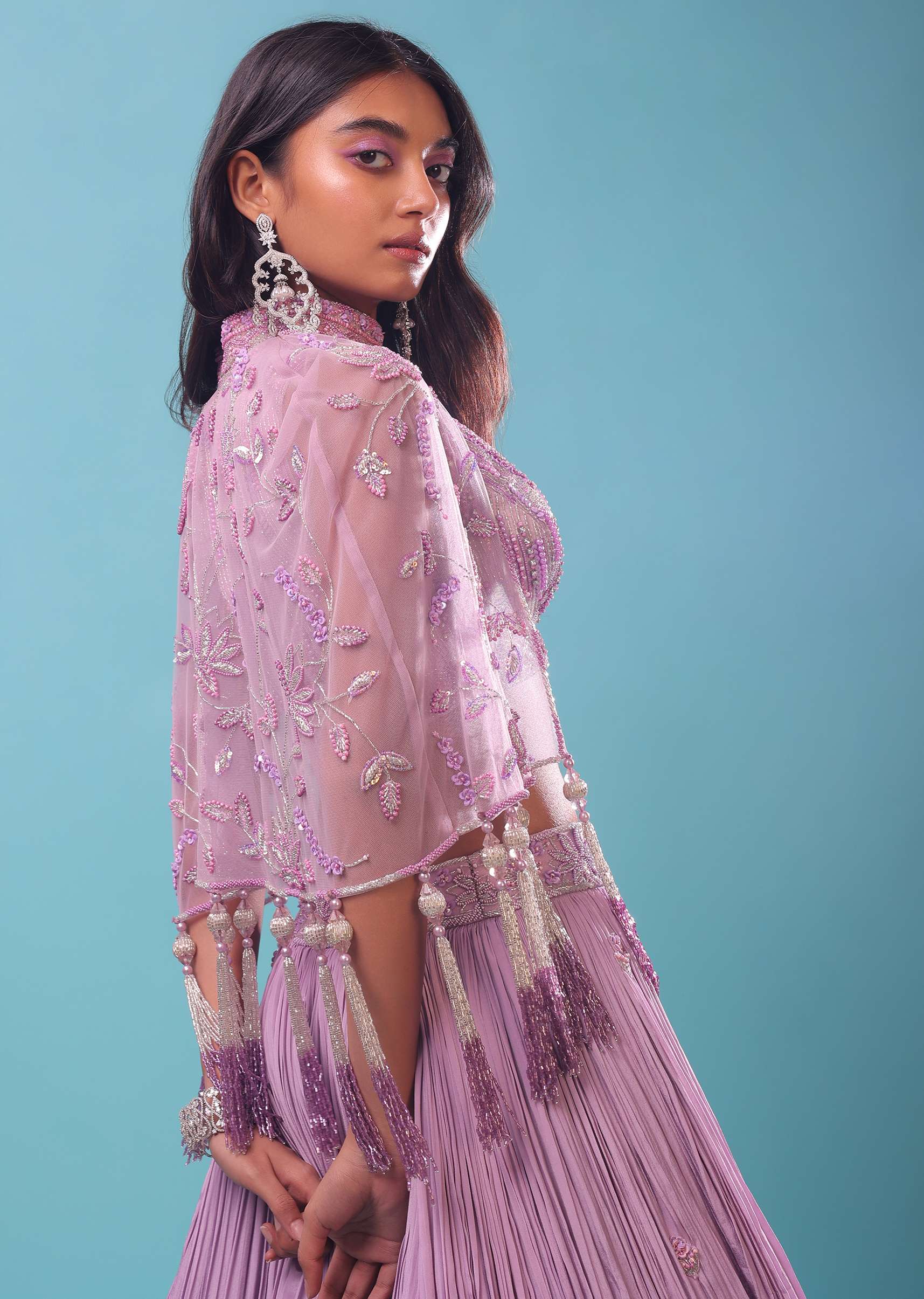 Ombre Lehenga And Crop Top In Moti Cut An Dana Embroidery, Cape Jacket In Tassels Fringes At The Border