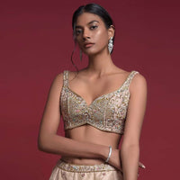 Gold Beige Blouse In Raw Silk With Sweetheart Neckline And Embroidered Floral And Checks Pattern