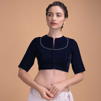 Midnight Blue Blouse In Velvet With A Zari Lace Defining The Neckline
