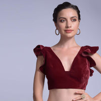 Cherry Red Blouse In Velvet With A Trapeze Neck And Ruffle Sleeves