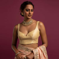 Cream Sleeveless Blouse In Raw Silk With Plunging Sweetheart Neckline