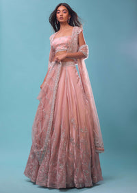 Powder Pink Lehenga And Crop Top In 3D Sequins Floral Motifs Embroidery, The Crop Comes In A Spaghetti Strap, Jacket In Sleeveless In Stones Emroidery