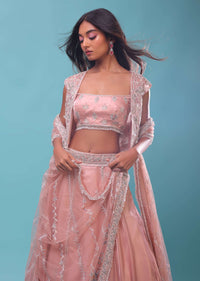 Powder Pink Lehenga And Crop Top In 3D Sequins Floral Motifs Embroidery, The Crop Comes In A Spaghetti Strap, Jacket In Sleeveless In Stones Emroidery