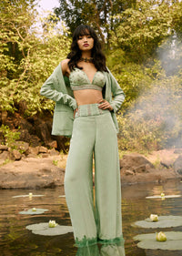 Dusty Jade Blazer And Palazzo Suit With Cut Dana Embroidered Bustier