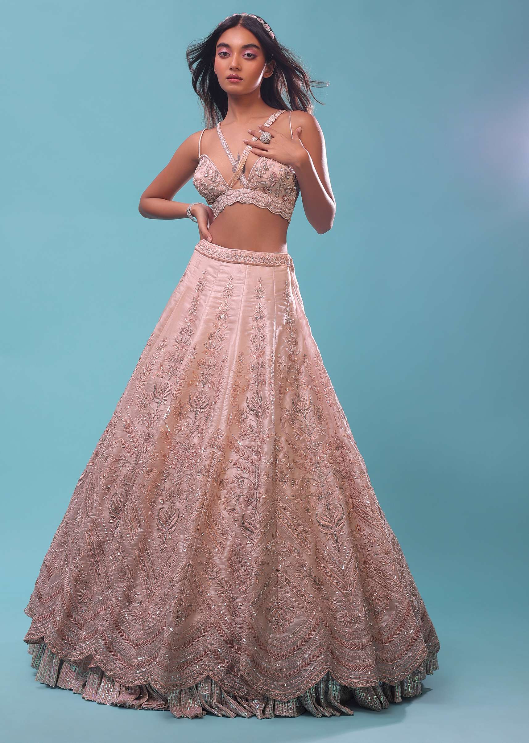 Powder Pink Lehenga And A Crop Top In Floral Resham Embroidery, Crop Top Comes In Spagetti Strap And Corset Neckline