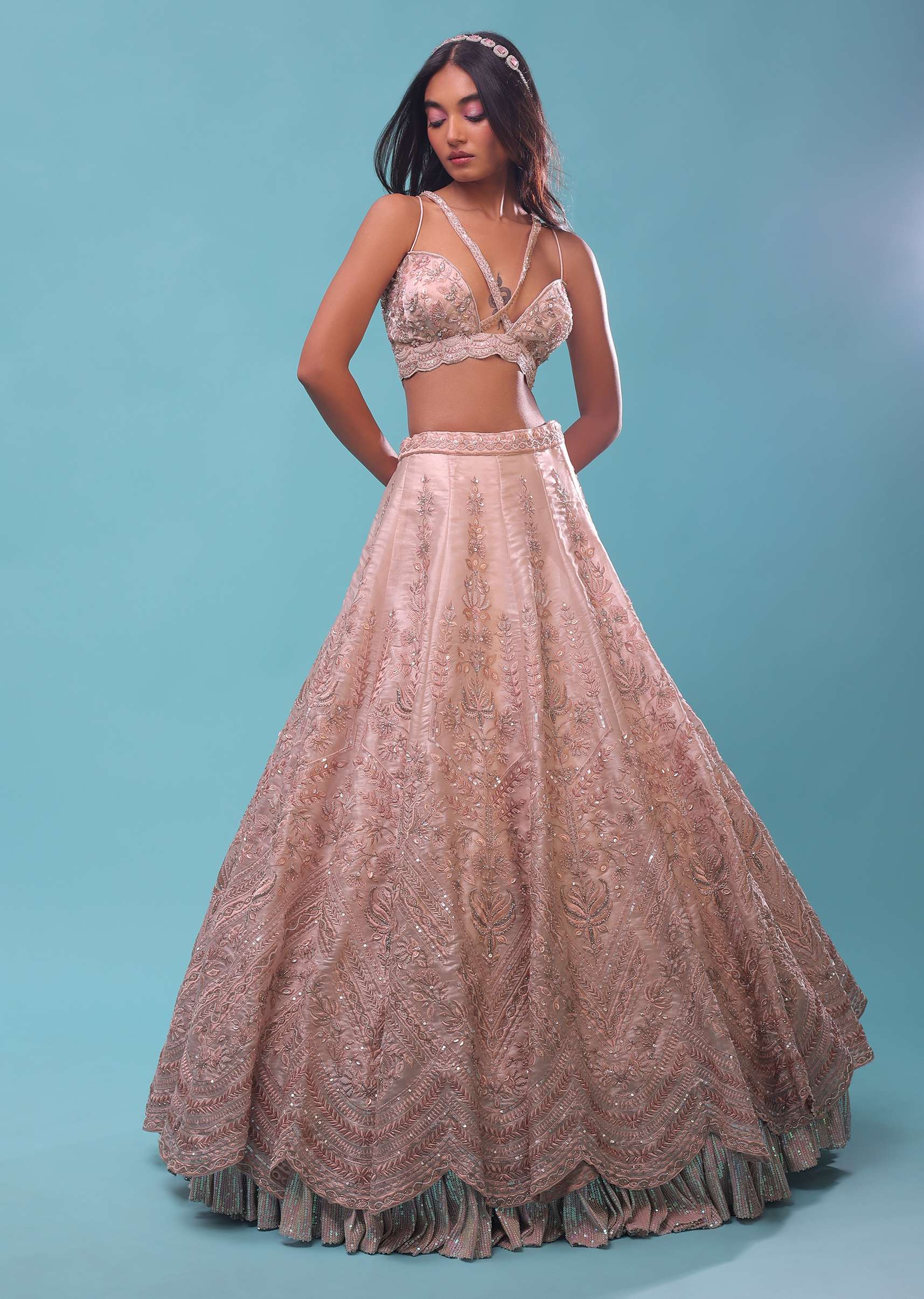 Powder Pink Lehenga And A Crop Top In Floral Resham Embroidery, Crop Top Comes In Spagetti Strap And Corset Neckline