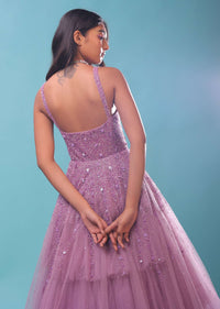 Lilac Sleeveless Gown In Multi-Color Moti Embroidery, Straight Neckline With Padding And Back Hooks Closure