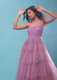 Lilac Sleeveless Gown In Multi-Color Moti Embroidery, Straight Neckline With Padding And Back Hooks Closure