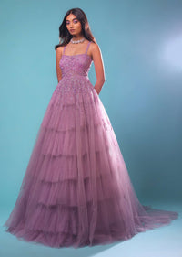 Lilac Sleeveless Gown In Multi-Color Moti Embroidery, Straight Neckline With Padding And Back Hooks Closure