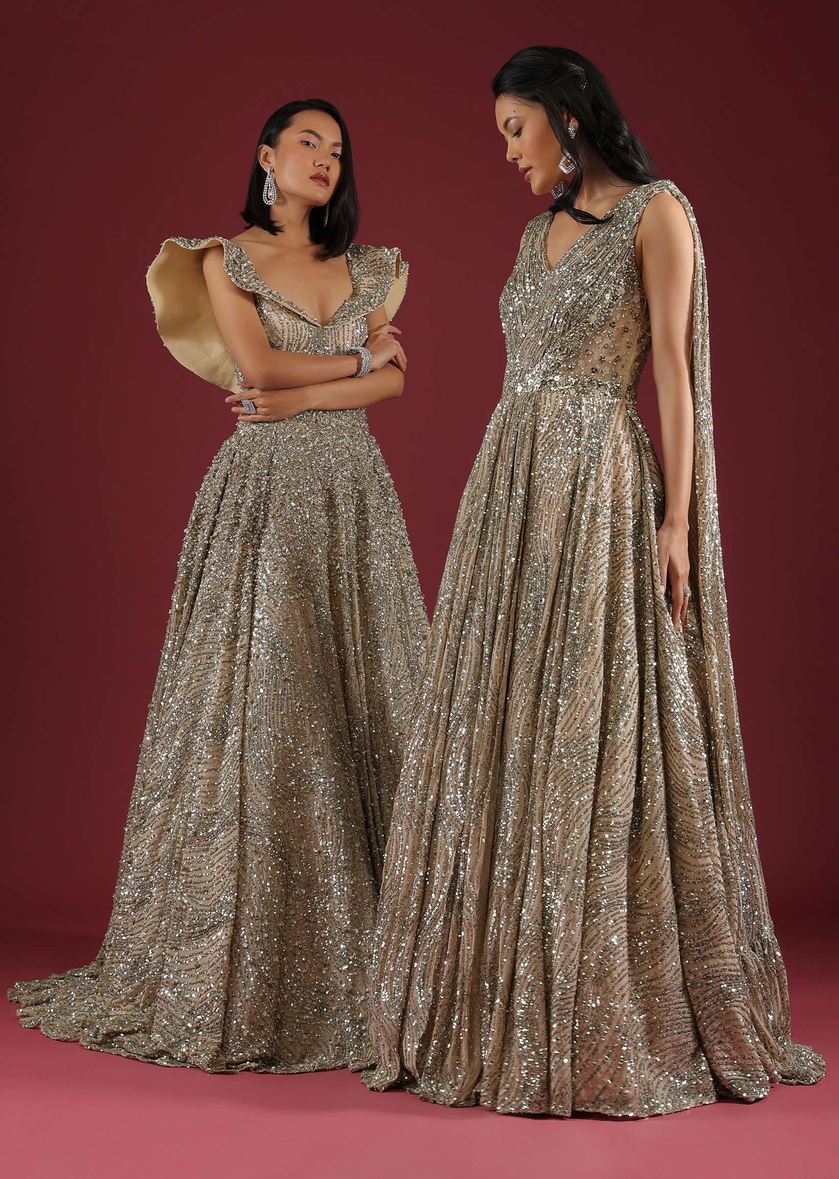 Doe Gown With A Long Cape In Sequins Embroidery, Crafted In Sleeveless With A V Neckline And A Side Zip Closure