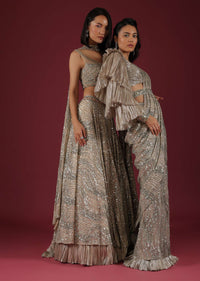 Oyster Ready Pleated Saree In Sequins Embroidery, Crafted In Net With A Side Zip Closure