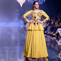 Sunset Yellow Peplum Top With Flower And Leaf Cut Mirror Work And Matching Lehenga