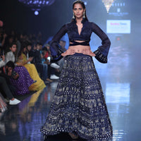 Organic Blue Lehenga In Hand Embellished Milano Satin With Bell Sleeves Blouse