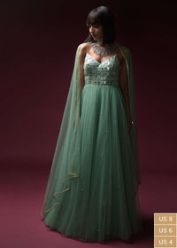 Mint Blue Indowestern Anarkali Suit In Net With Hand Embroidery Work Using Flower Cut Mirrors On The Bodice