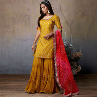 Mustard Yellow Sharara Suit With Pink And Red Shaded Bandhani Dupatta