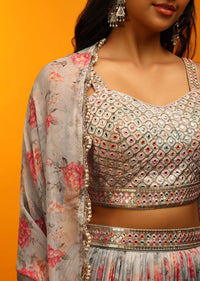 Steel Grey Lehenga In Organza With Floral Print And Multi Colored Mirror Abla Embroidered Sleeveless Choli