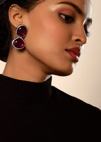 Grey Toned Earrings With Burgundy Semi Precious Stones Edged With Swarovski Crystals