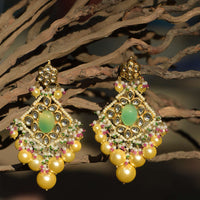 Green Stone Studded Ethnic Earrings With Kundan And Dangling Colorful Beads And Yellow Pearls