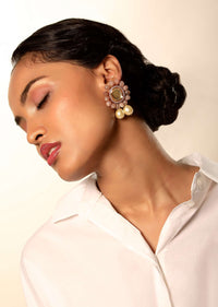 Dusty Peach Semi Precious Stone Earrings In Floral Motif With Kundan Centre And Dangling Pearl Drops