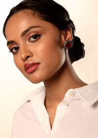 Oxidised Stud Earrings With Red Semi Precious Stone And Swarovski