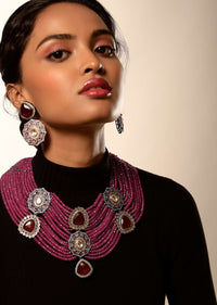 Rani Pink Beaded Necklace And Earrings Set With Maroon Semi Precious Stone Along With Kundan And Swarovski