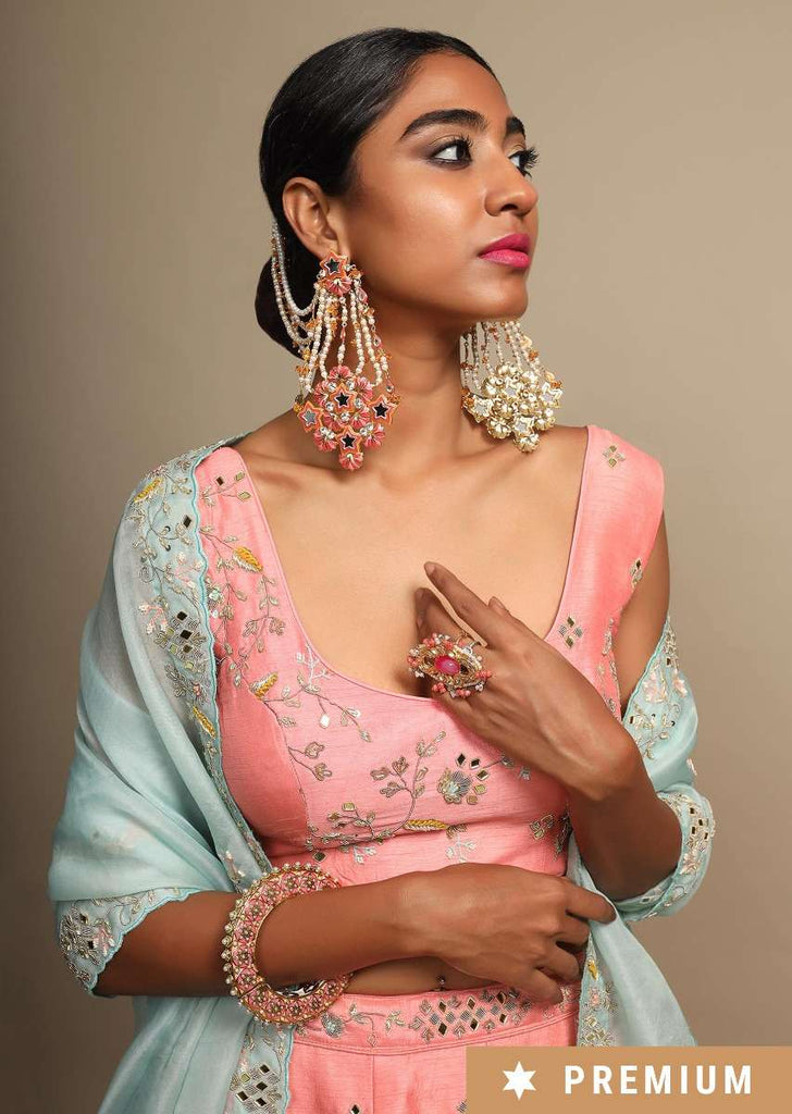 Pink Ethnic Earrings In Floral Motif With Kundan Work And Moti Strings By Prerto