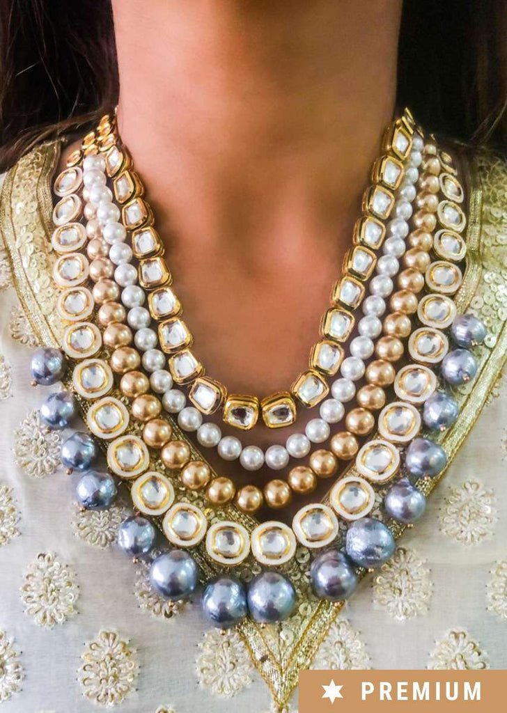 Multi Coloured Layered Necklace With Kundan, Pearls And Beads By Prerto