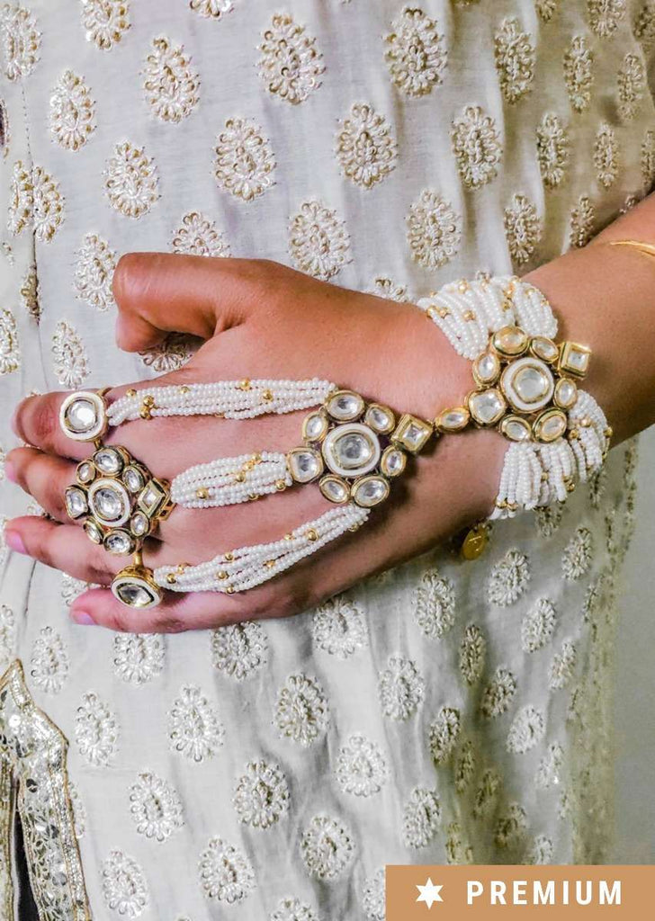 Gold Plated Hand Harness With Strings Of Pearls, Gold Beads And Kundan Work By Prerto