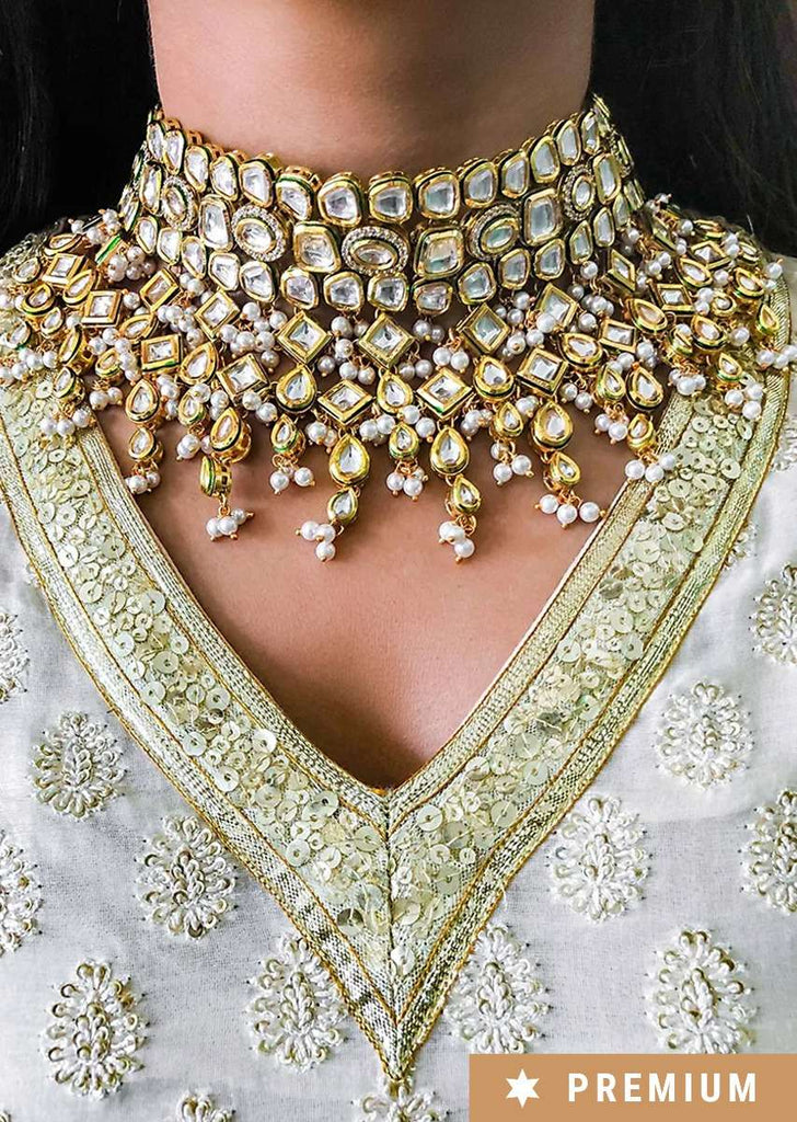 Gold Plated Choker Necklace Hand crafted With Pearls And Kundan Detailing By Prerto