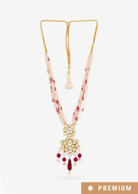 Gold Plated Long Necklace With Kundan Centre Piece, Dangling Red Beads And Pearl Strings By Prerto