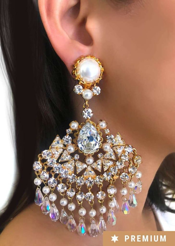 Gold Plated Ethnic Earrings With Communicative Pearls And Dangling Crystals By Prerto