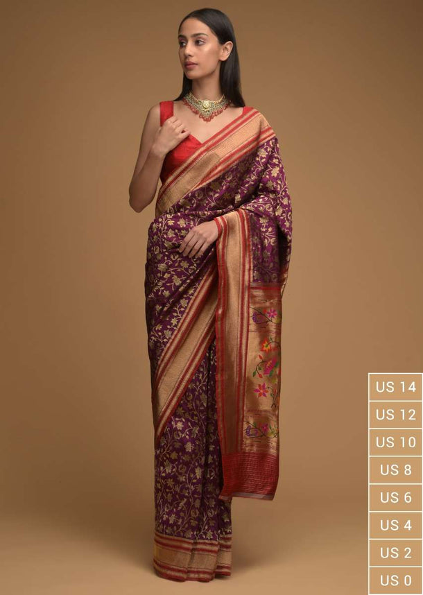 Mulberry Purple Banarasi Saree In Silk With Brocade Woven Floral Jaal And Red Brocade Border Along With Unstitched Blouse Online - Kalki Fashion