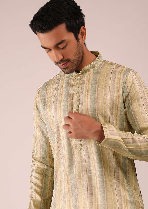 Pastel Yellow Kurta Set In Silk With Multi Colored Stripes