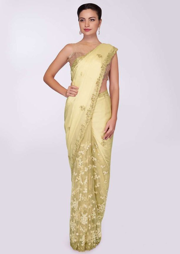 Macaroon tan half and half saree in net and crepe only on Kalki