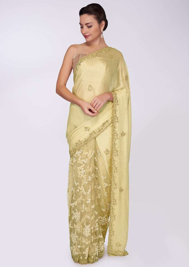 Macaroon tan half and half saree in net and crepe only on Kalki