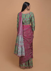 Magenta And Green Ready Pleated Ruffle Saree In Crepe Enhanced With Floral And Moroccan Print Online - Kalki Fashion